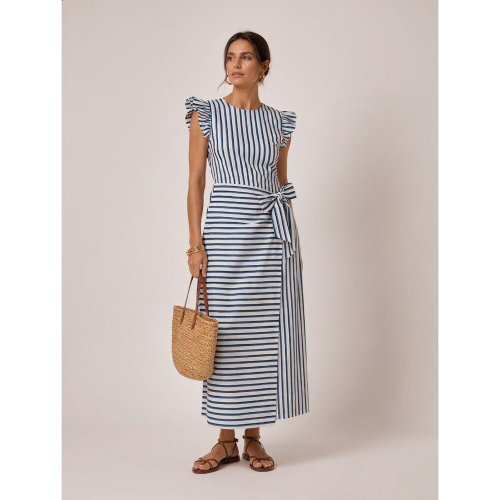 Cleobella Greta Midi Dress L NWT Blue Stripe Cotton Linen Ruffle Wrap Tie Boho